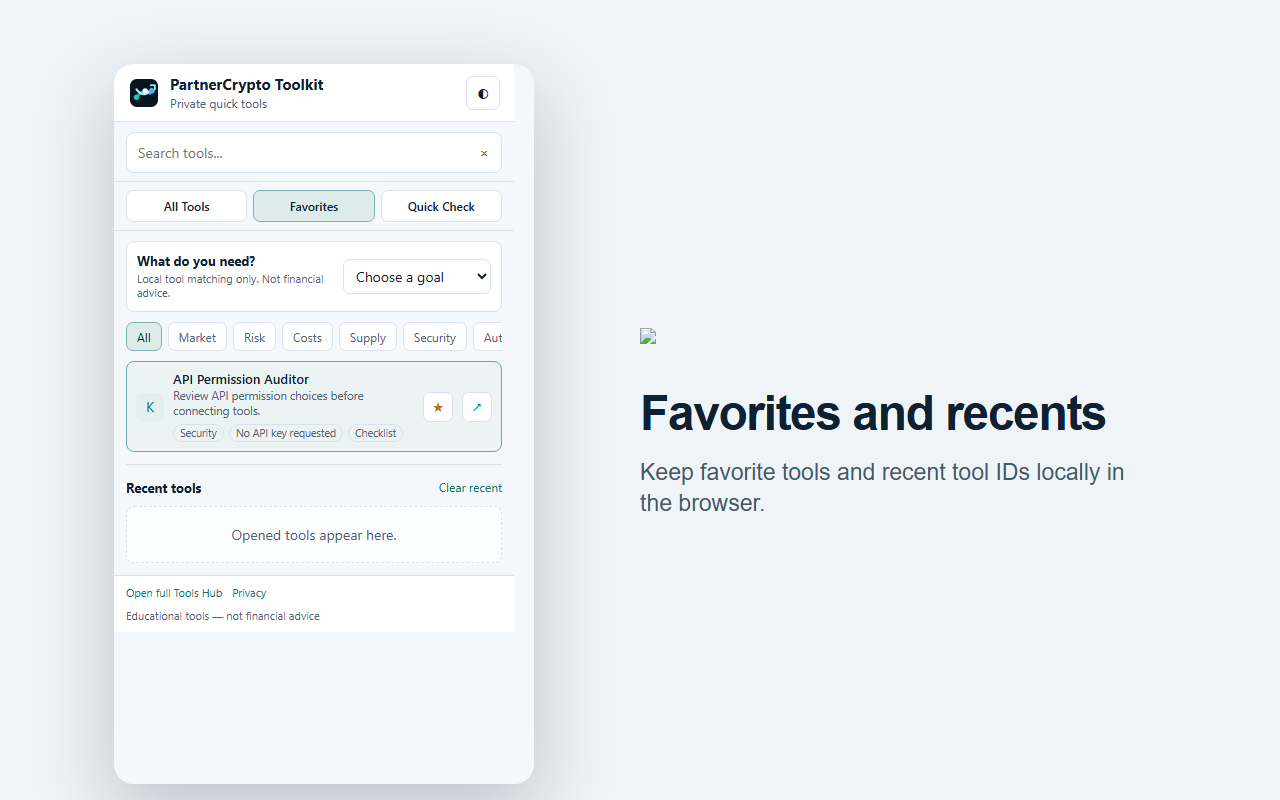 PartnerCrypto Toolkit favorites and recent tools view