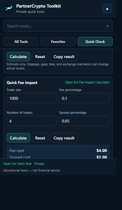 PartnerCrypto Toolkit popup in dark mode