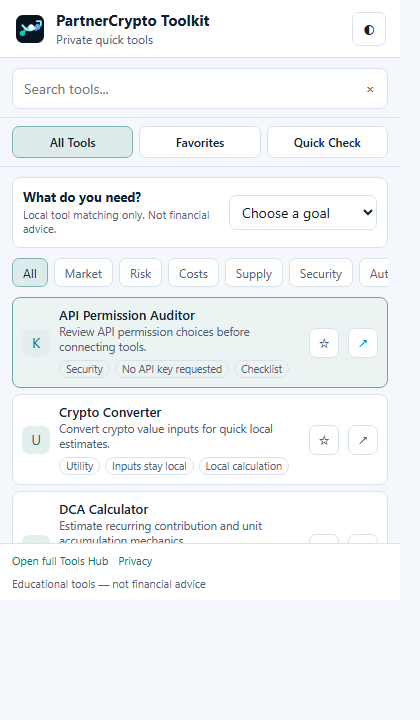 PartnerCrypto Toolkit popup showing all tools
